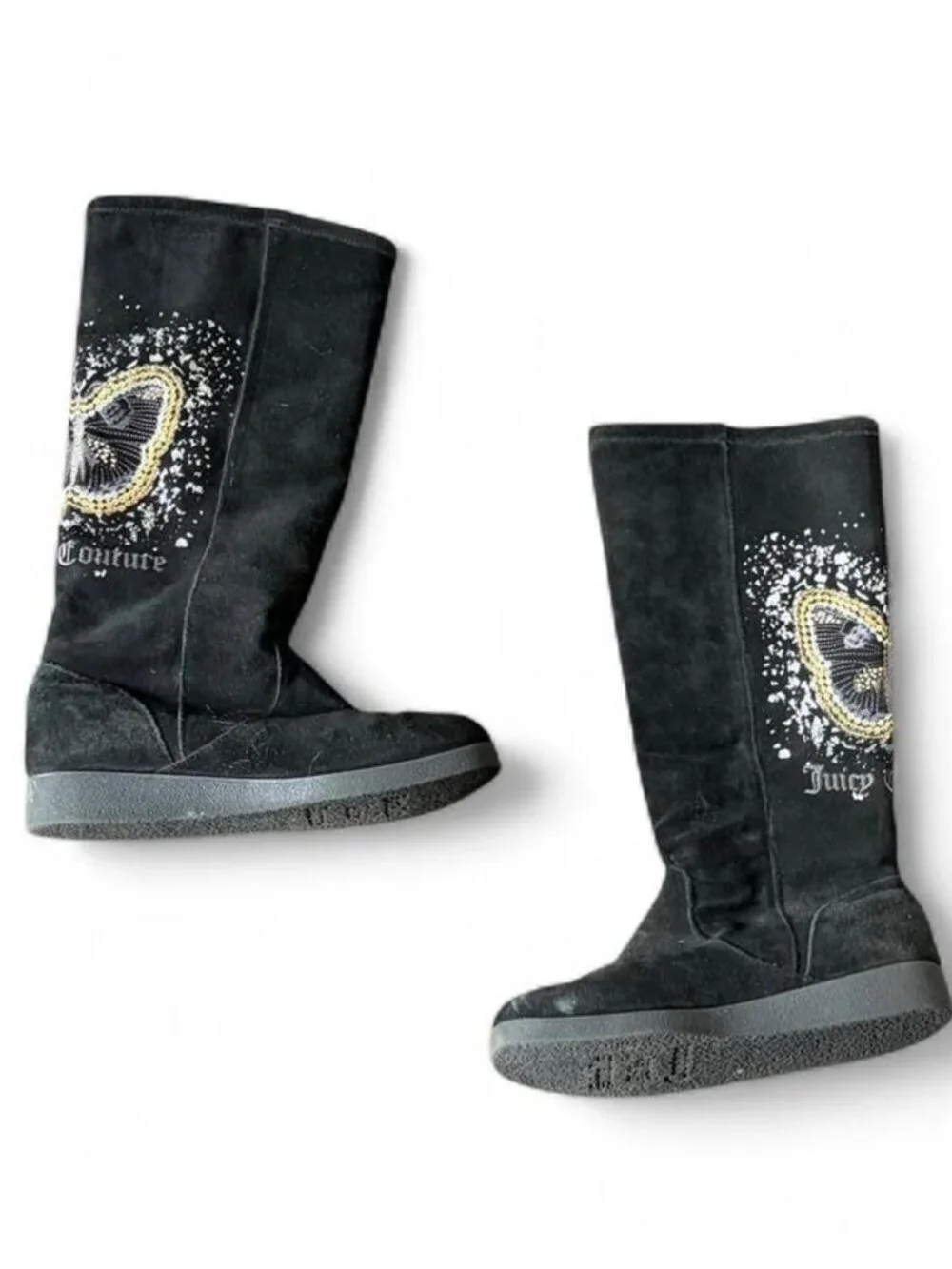 Juicy Couture black suede boots with gold & white butterfly graphic size 7